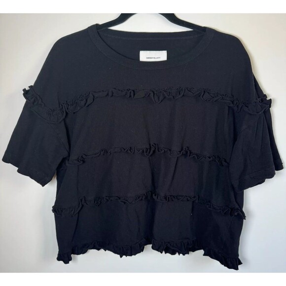 Current Elliott The Claudia Tee Black Ruffle Crop Top Womens Size 1 Made in USA - Picture 2 of 9